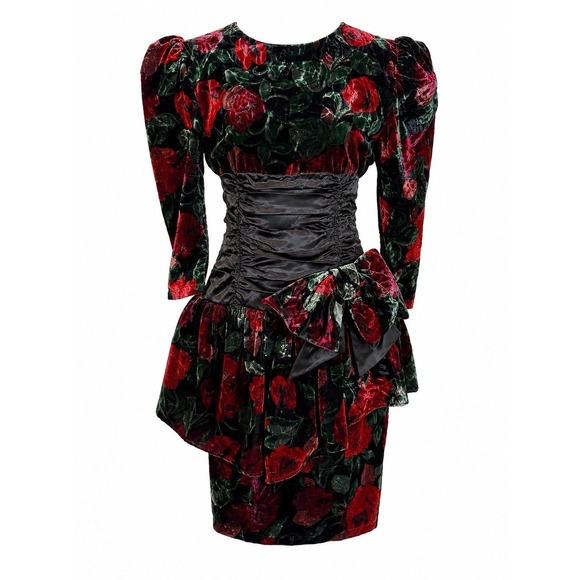 Kristy Dresses & Skirts - Vintage 1980s Party Dress M Black Red Velvet‎ Floral Glam USA Puff Sleeve Bow